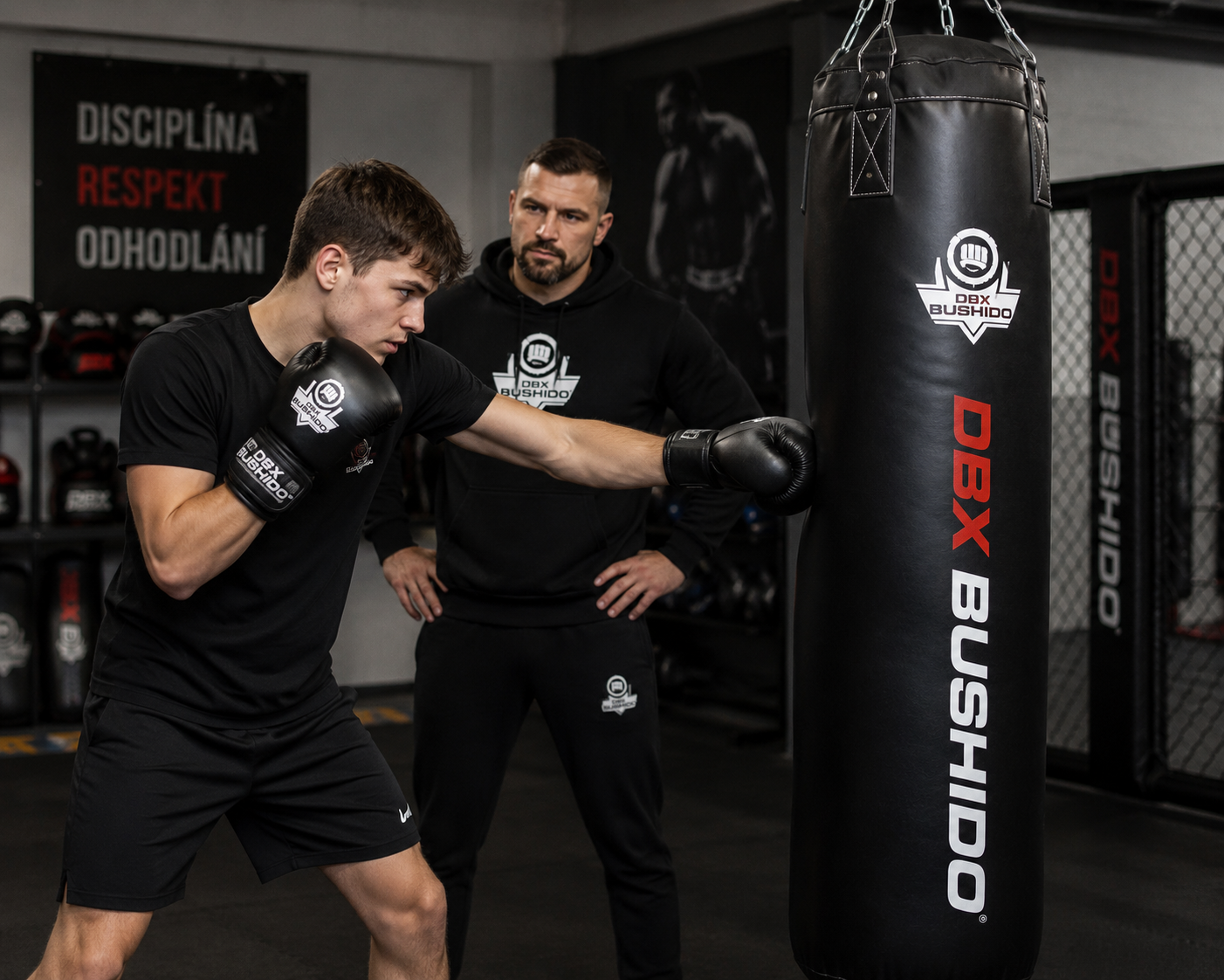 Začátečník při prvním boxerském tréninku na boxovacím pytli DBX Bushido